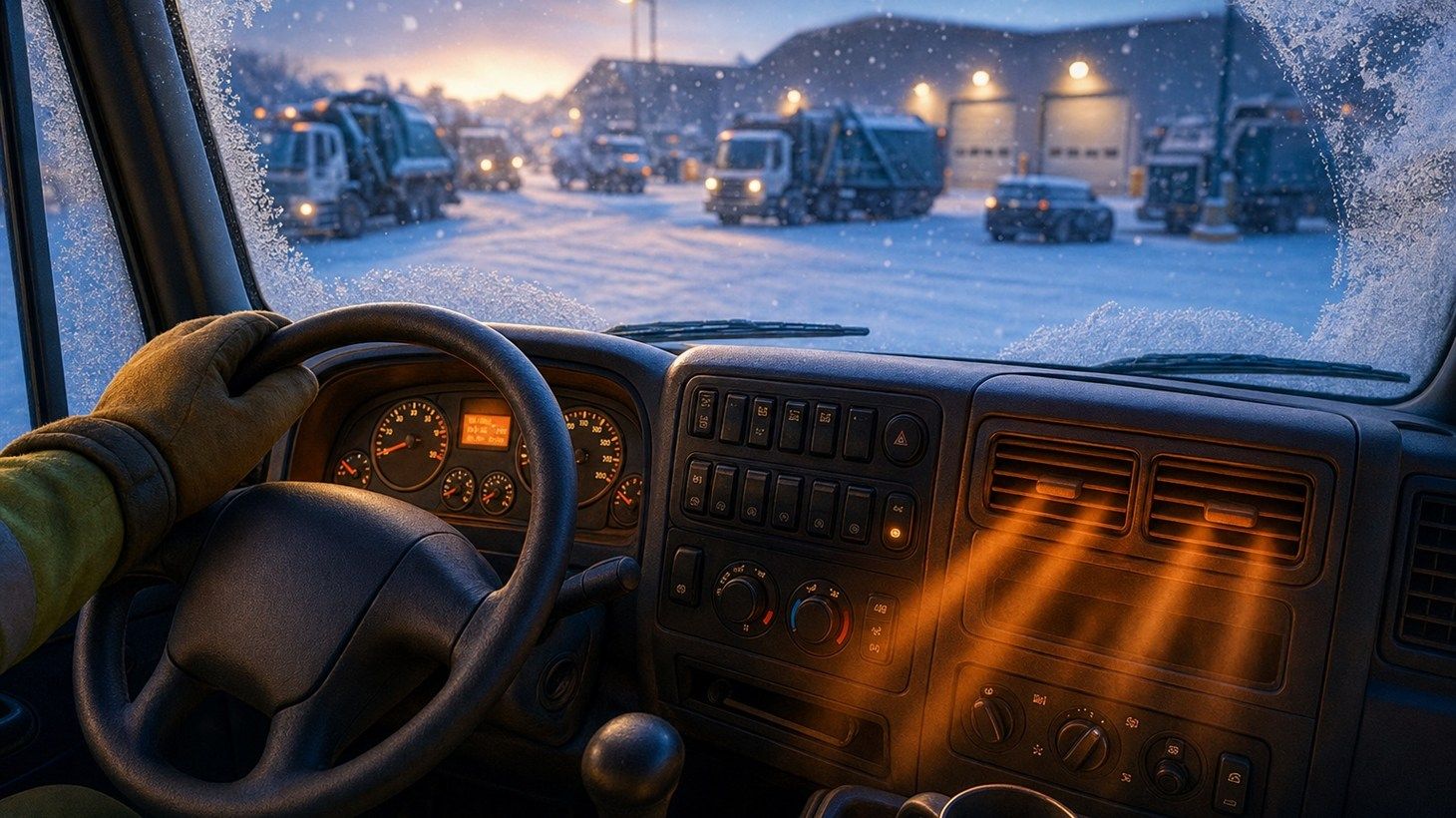 Pixar-style cartoon illustration of the warm glowing dashboard and heater vents inside a refuse truck cab at dawn, with frost clearing from the windshield and a snowy RDK Truck Sales yard visible outside