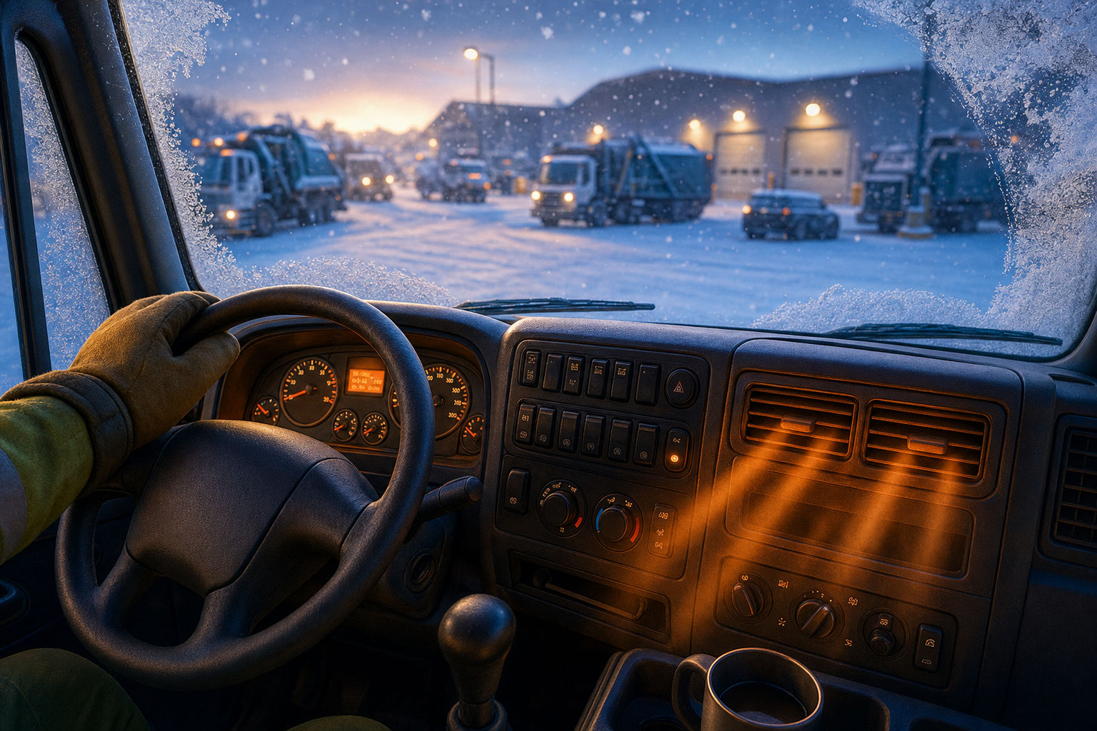 Pixar-style cartoon illustration of the warm glowing dashboard and heater vents inside a refuse truck cab at dawn, with frost clearing from the windshield and a snowy RDK Truck Sales yard visible outside
