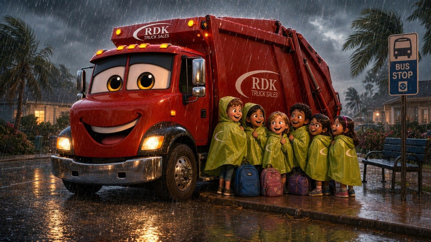 Big Bertha, an RDK-red garbage truck, shelters children at a rainy Tampa bus stop on the first day of school for an RDK Truck Sales story.