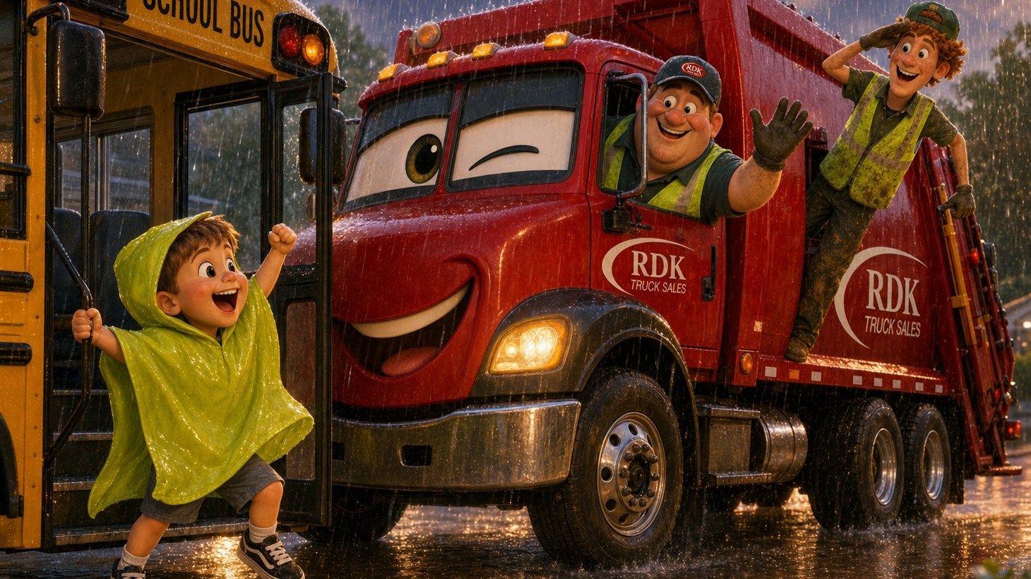 Tommy in a lime-green poncho gives an arm pump from a school bus while Big Bertha, RDK Truck Sales' red garbage truck, flashes her lights in the rain.