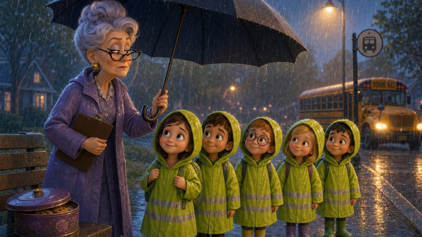 Mrs. Kravitz holds a large umbrella over children at a rainy bus stop beside a cookie tin in this RDK Truck Sales Back to School story.
