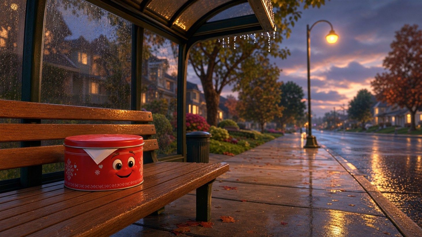A tin of dry cookies waits at a rainy Tampa bus stop after the school bus leaves in this RDK Truck Sales Gary the Garbage Man story.