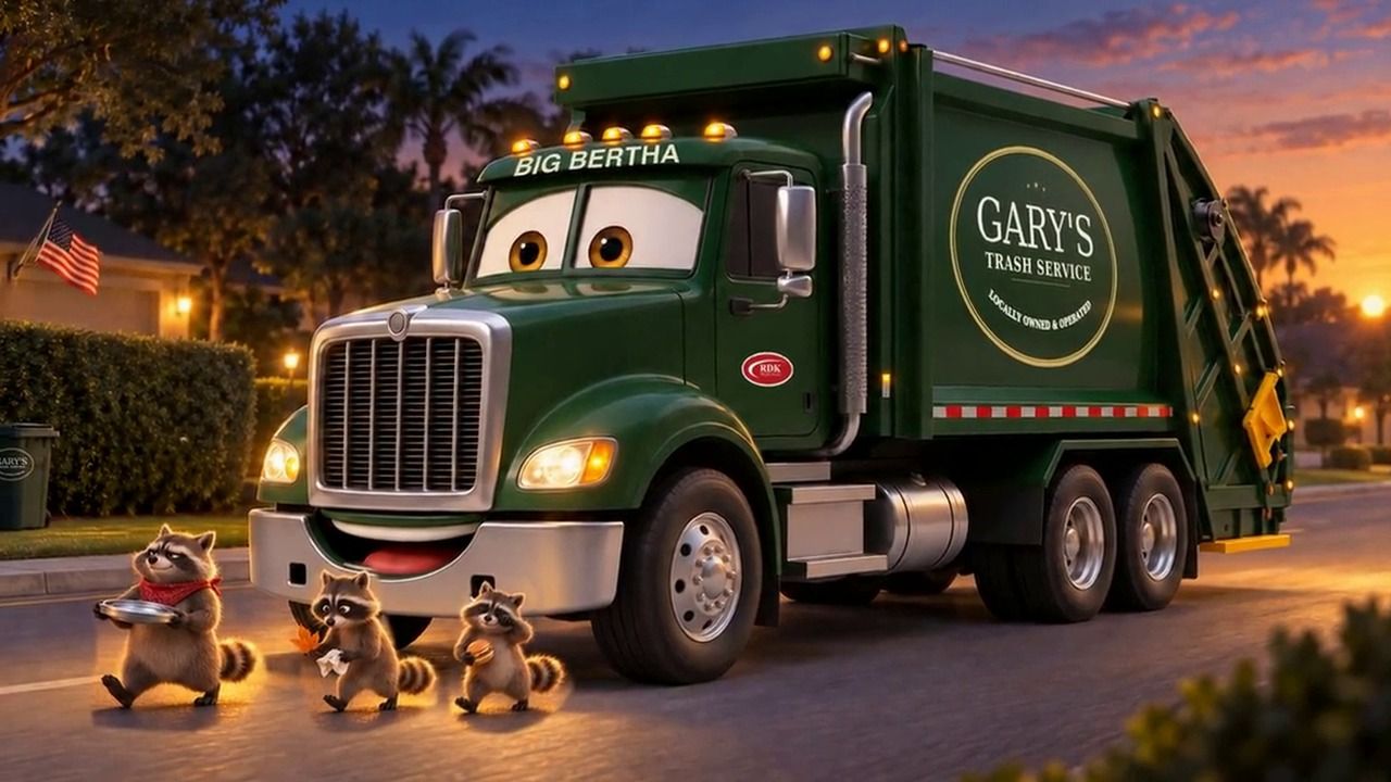 Big Bertha rolling down a neighborhood street at dawn, marker lights glowing against the sunrise sky, with three raccoons trotting along in front of her grille