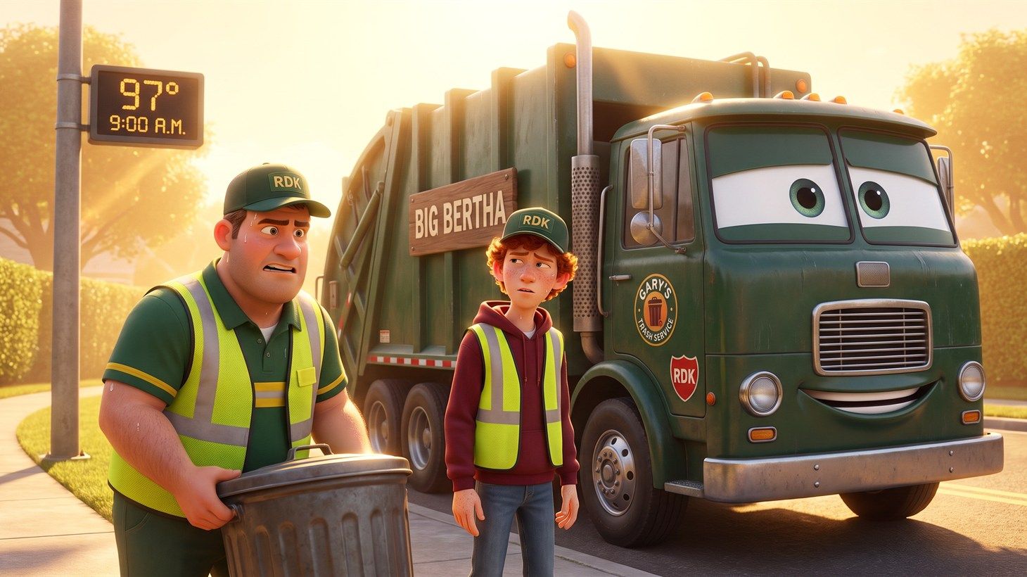Gary and Russ sweating beside a digital sign reading 97 degrees at 9:00 AM, with Big Bertha — a dark forest green garbage truck with a friendly cartoon face — idling behind them on a sunny Tampa street