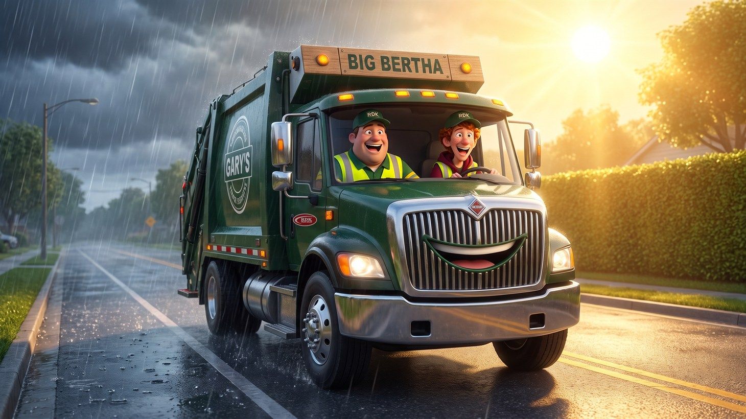 Big Bertha driving through a sudden downpour on one side of the street while bright sunshine breaks through on the other, with Gary and Russ grinning inside the cab