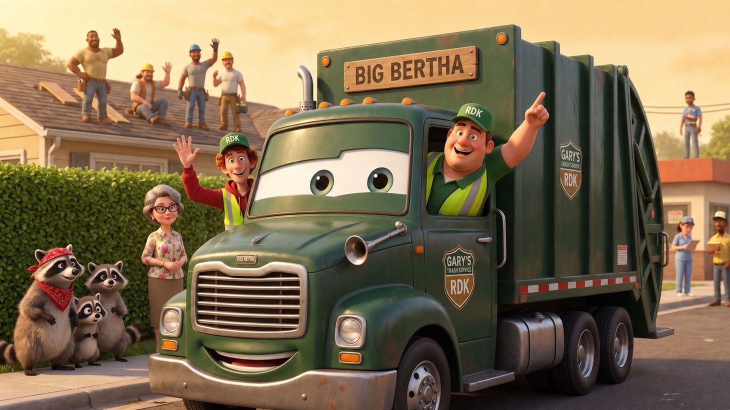Gary leaning out of Big Bertha's window with one arm raised, waving to roofers working on a rooftop, while Russ, Mrs. Kravitz, and three bandana-wearing raccoons watch from the sidewalk