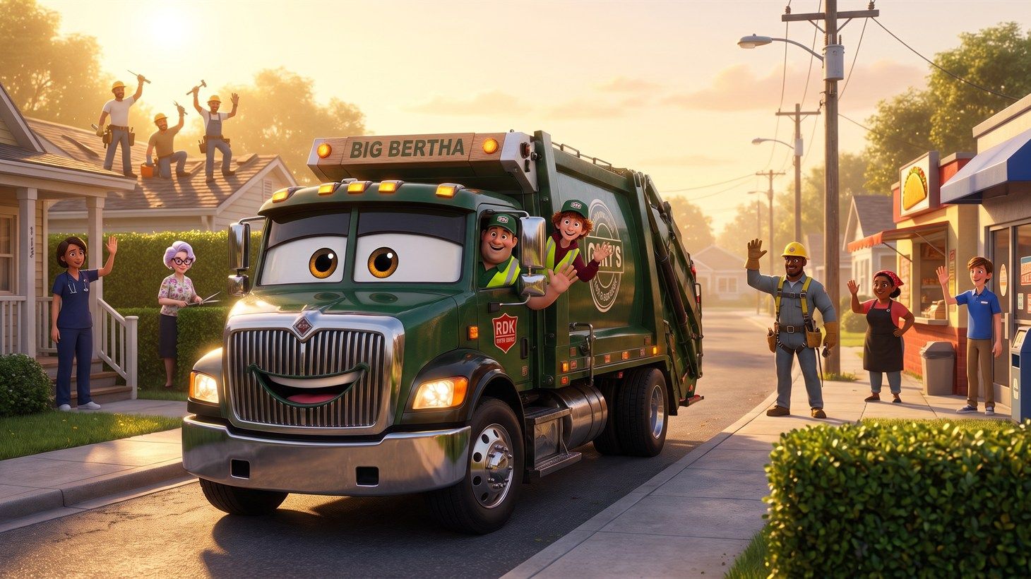 Big Bertha rolling down a Tampa street at golden hour as a nurse, Mrs. Kravitz, roofers, and taco stand workers all wave goodbye