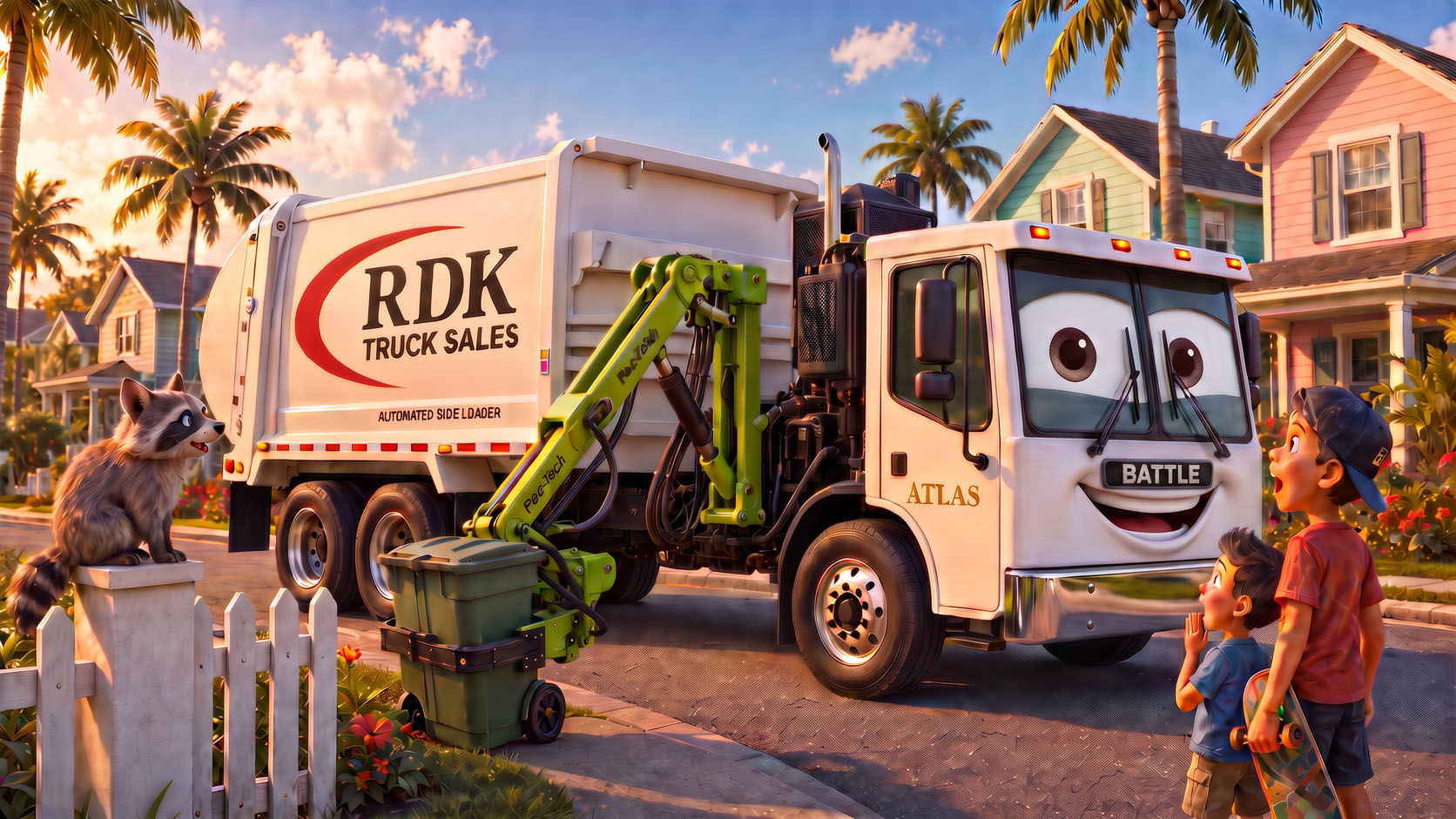 Atlas, a white automated side-loader garbage truck, reaching its lime-green arm out for a cart on a neighborhood route while kids watch from the sidewalk