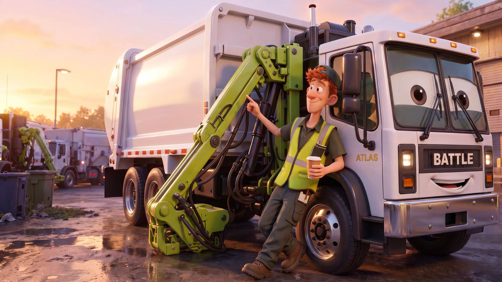 Russ leaning against Atlas's front tire at dawn in the yard, coffee in hand, tracing the outline of the side arm's claw