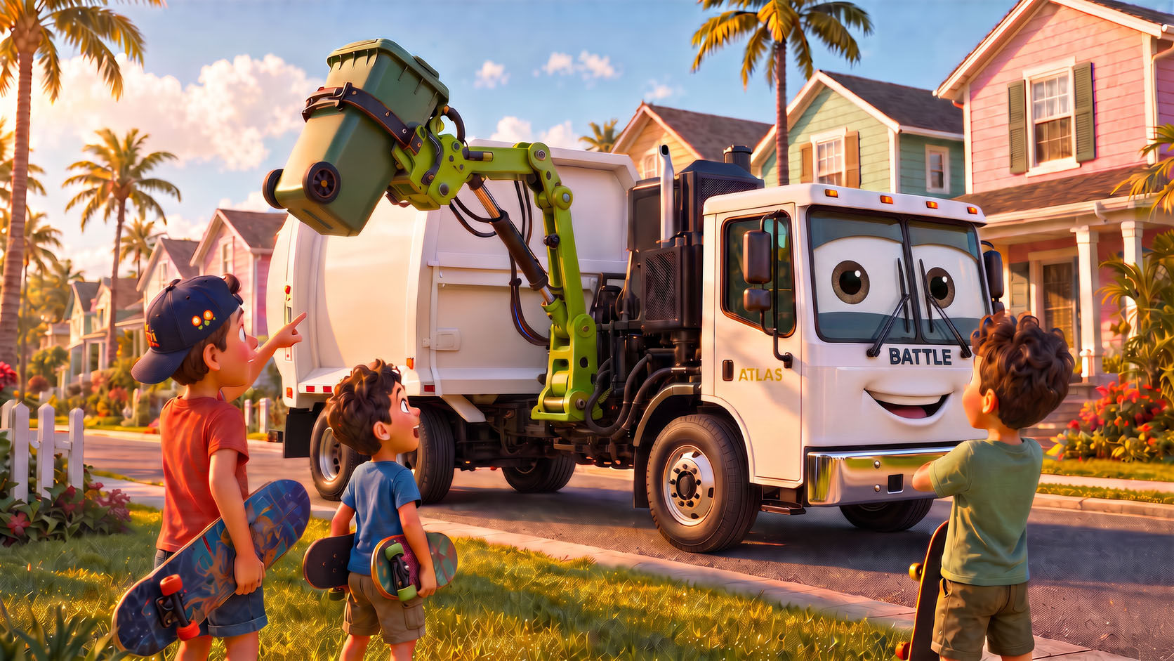 Three kids with skateboards watching Atlas lift a cart on their pastel-colored neighborhood street