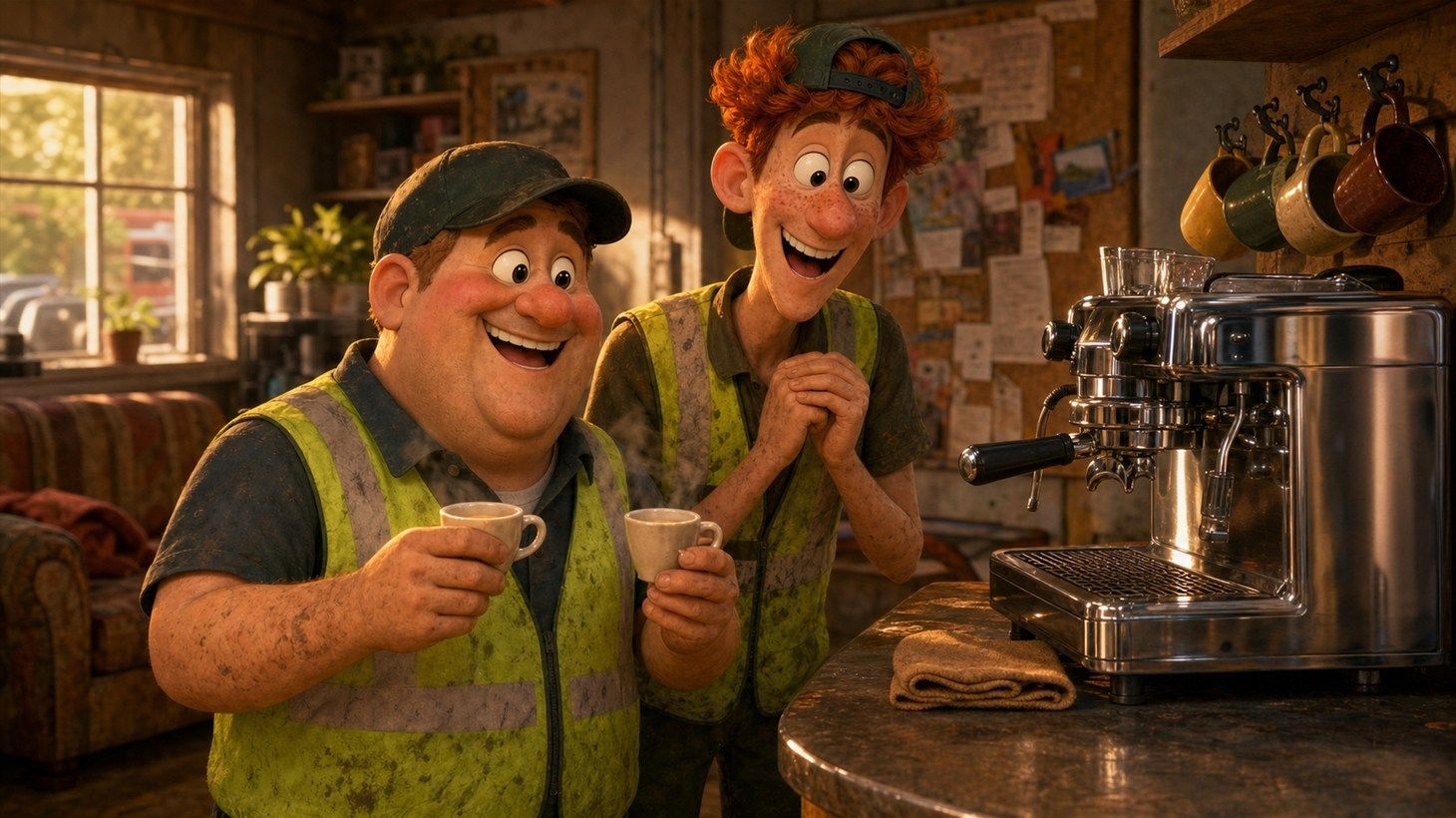 Gary and Russ smile over two small espresso cups in the RDK Truck Sales break room next to the rebuilt chrome espresso machine