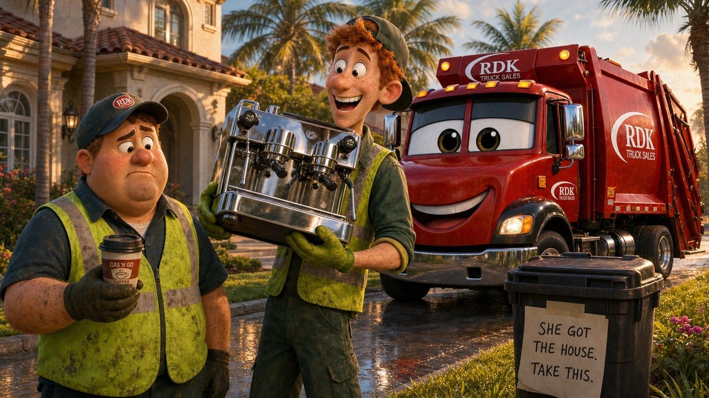 A chrome commercial espresso machine sits on a curb next to a note reading she got the house take this, as Russ holds it up and Gary looks on beside Big Bertha, RDK Truck Sales' red garbage truck