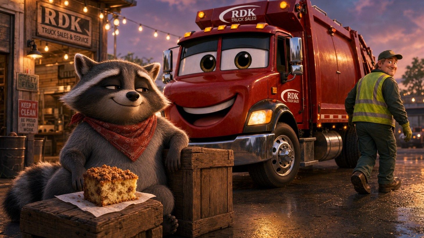 Gerald the raccoon sits with a slice of coffee cake outside the RDK Truck Sales and Service yard at dusk beside Big Bertha, RDK Truck Sales' red garbage truck