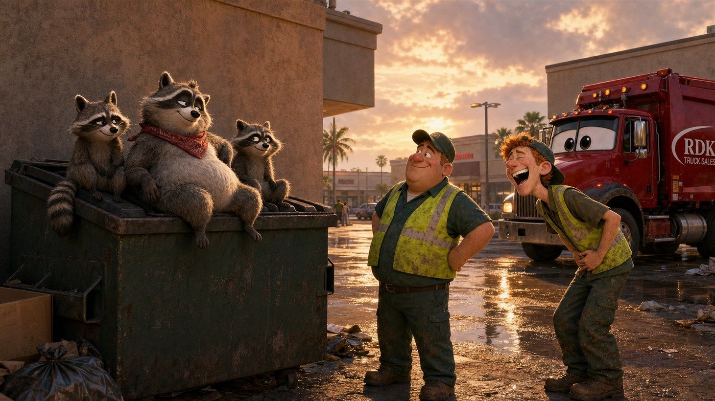 Gary the Garbage Man Part 4: three raccoons named Gerald, Diane, and Steve sit atop a dumpster while Gary and Russ laugh beside Big Bertha, RDK Truck Sales' red garbage truck