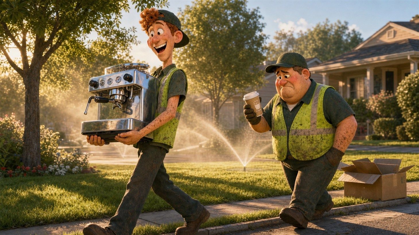 Russ carries a chrome espresso machine across a sunny front lawn while Gary follows behind holding a coffee cup and an empty cardboard box, RDK Truck Sales garbage crew story