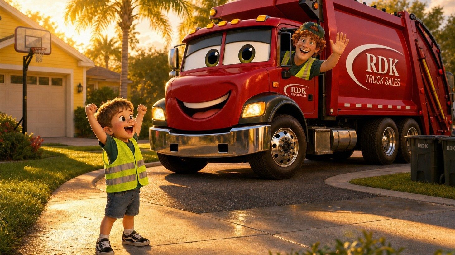 Cartoon illustration of a young boy in a tiny hi-vis vest standing on a driveway crack at 7:03 AM, waiting for the garbage truck