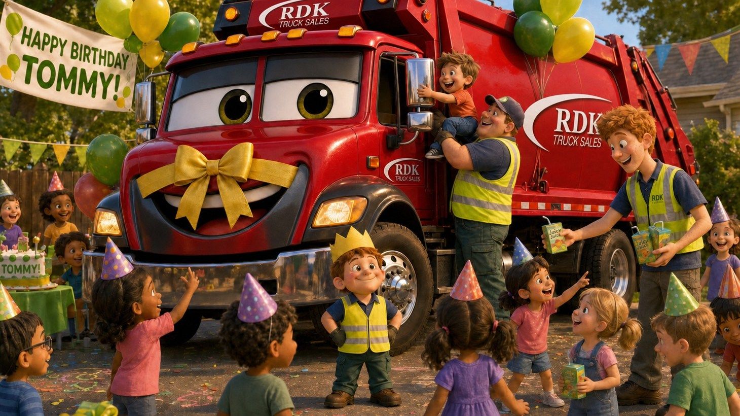 Illustration of a garbage truck decorated with a giant yellow bow on its grille, parked outside a birthday party