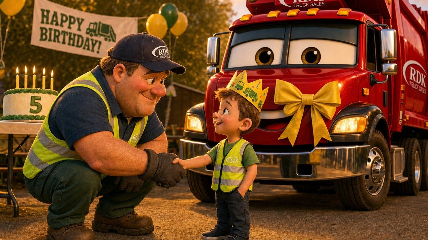 Illustration of Gary the Garbage Man crouching down to talk with a young boy at his eye level, treating him like a fellow professional
