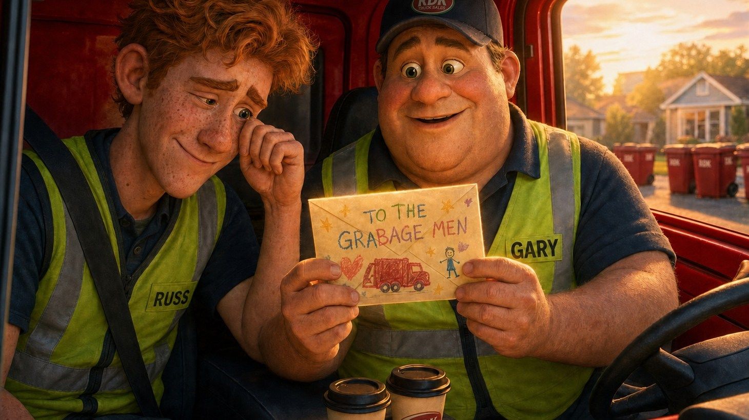 Illustration of a crayon-drawn birthday party invitation taped to a trash can, addressed to THE GRABAGE MEN