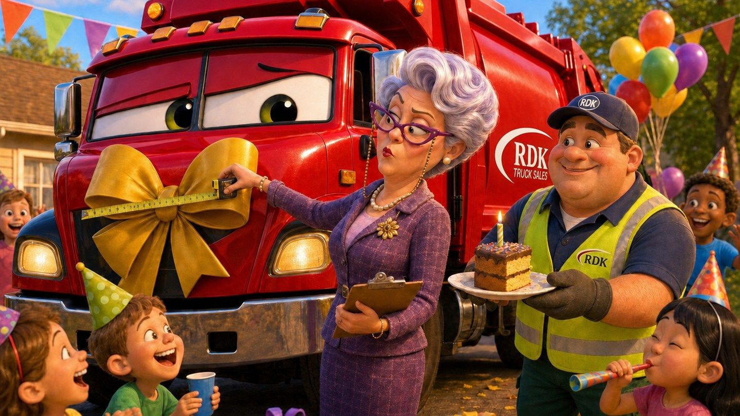 Illustration of a stern HOA president holding a clipboard, confronting the garbage truck driver at the birthday party