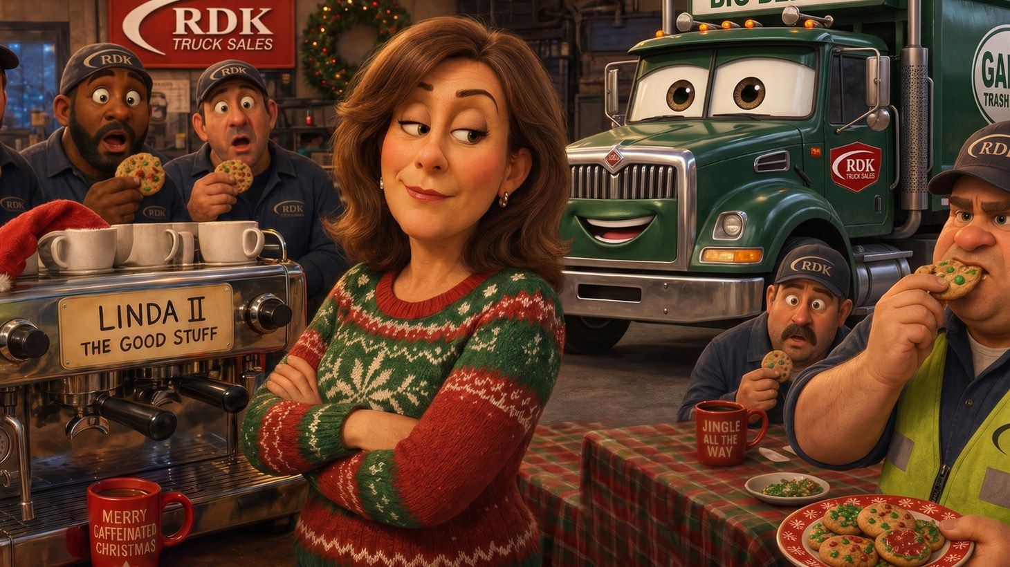 Illustration of a woman blinking in surprise at a yard Christmas party while a well-meaning new hire points toward the break room