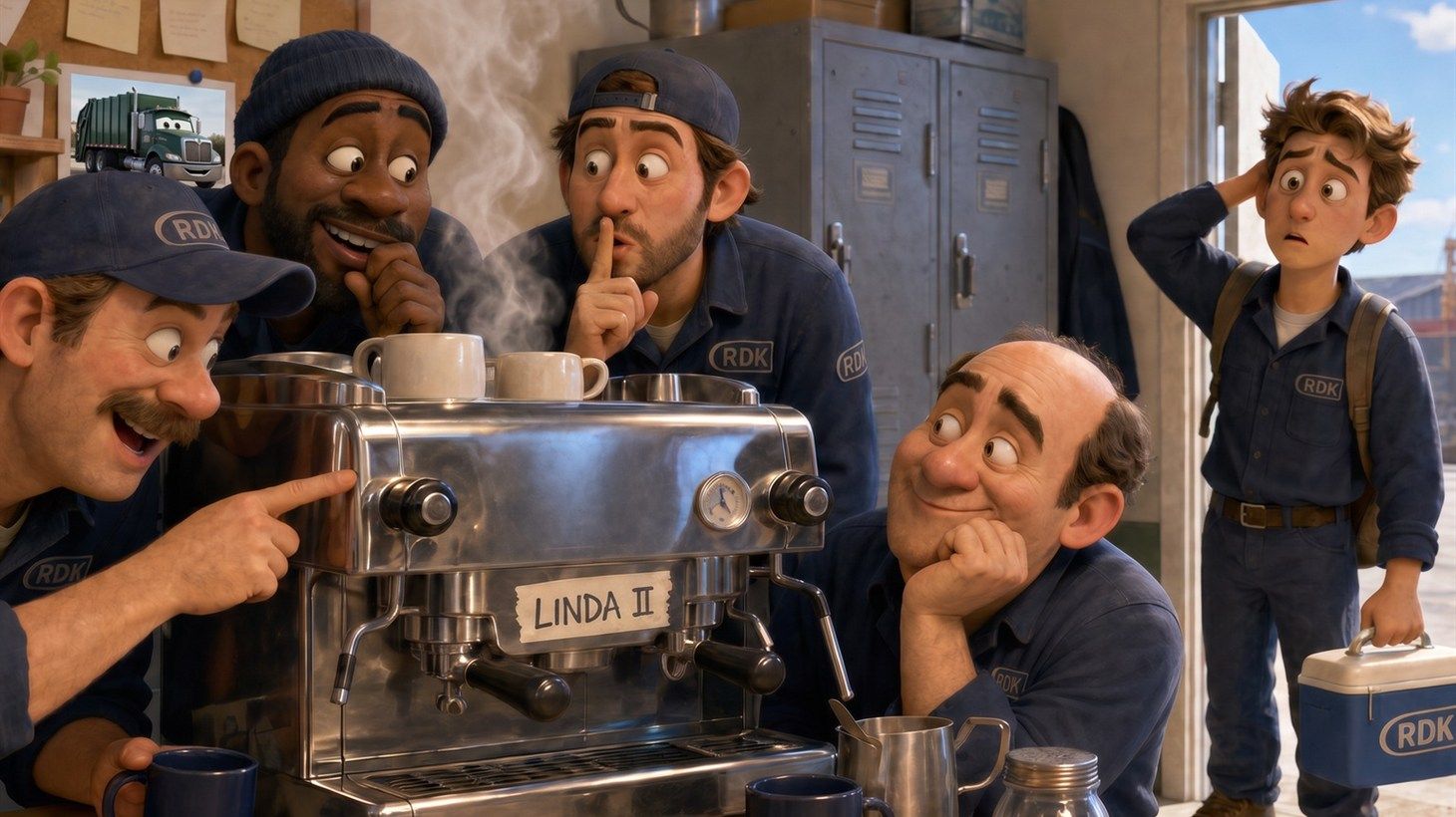 Illustration of yard workers whispering and grinning behind their hands near the break room, keeping a secret from Gary for months