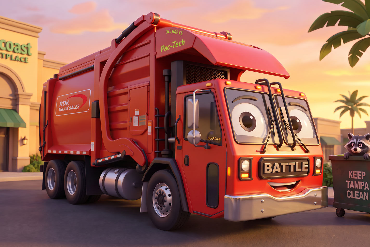 Guardian, a red Battle front-loader garbage truck, arriving at a Tampa shopping plaza at sunset with a raccoon peeking from a dumpster