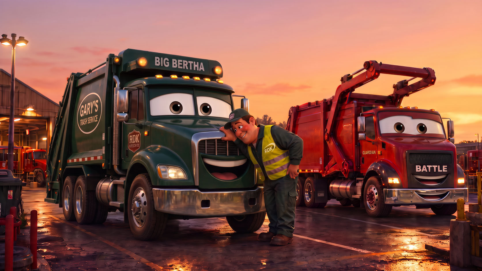 Big Bertha, a forest green garbage truck, and Guardian, a red front-loader truck, parked side by side in the yard at sunset while Gary pats Bertha's hood