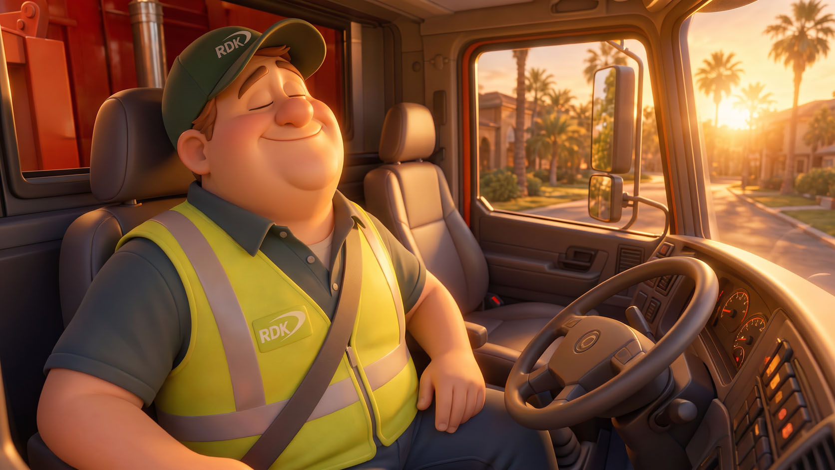 Gary sitting inside Guardian's new cab with a palm-tree-lined street visible through the windshield at sunset