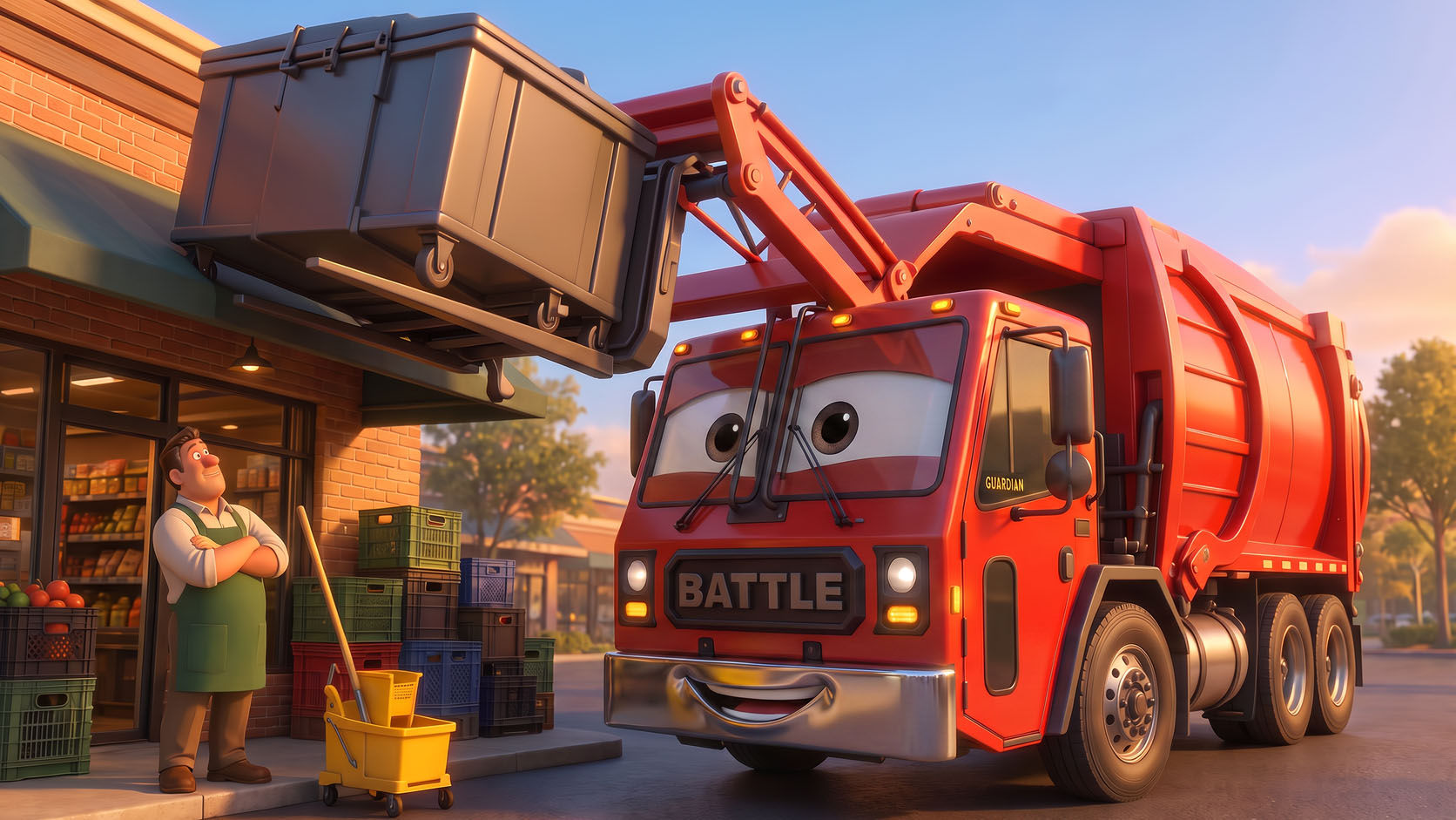Guardian lifting a dumpster out from under a low awning behind a grocery store while the store manager watches with arms folded