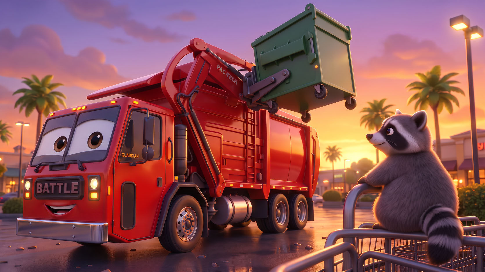 A raccoon perched on a shopping cart corral watching Guardian lift a green dumpster at dusk