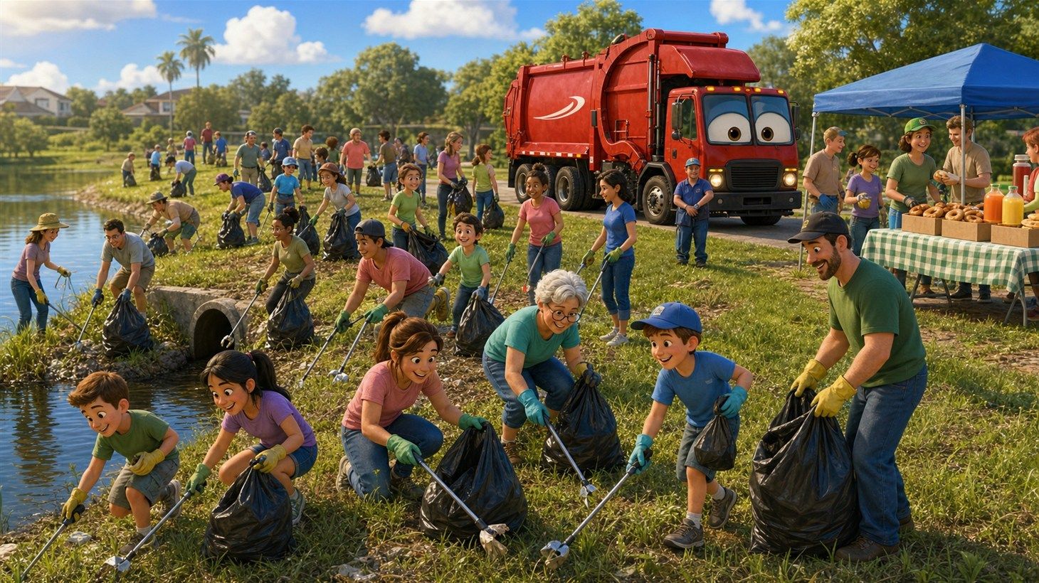 A crowd of neighborhood volunteers in work gloves with contractor bags and wheelbarrows gathered at a retention pond on National CleanUp Day, an RDK truck staged at the curb behind them