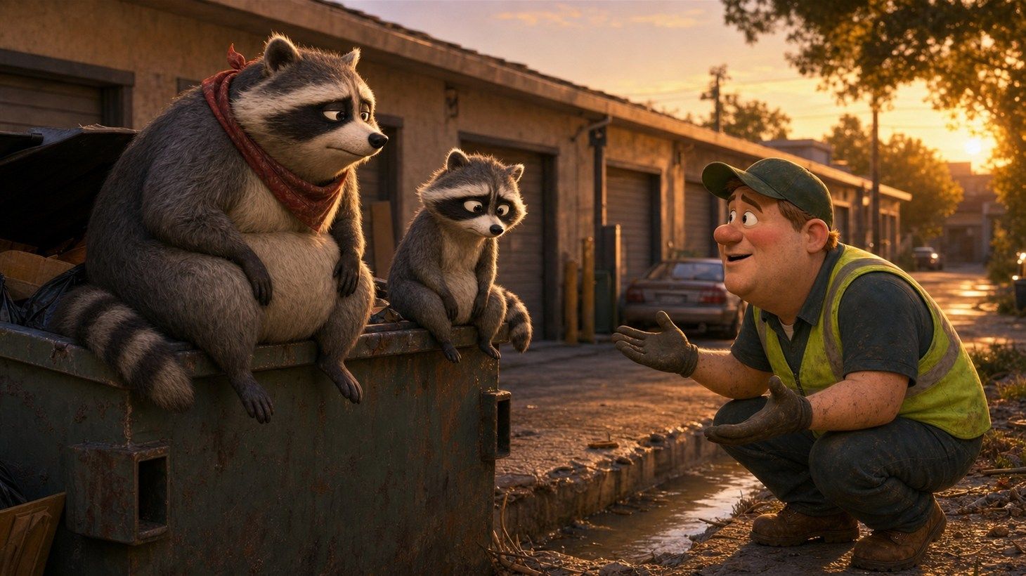 Gerald the raccoon sitting motionless on the rim of a strip mall dumpster beside Diane, staring down at a ditch that has been picked completely clean