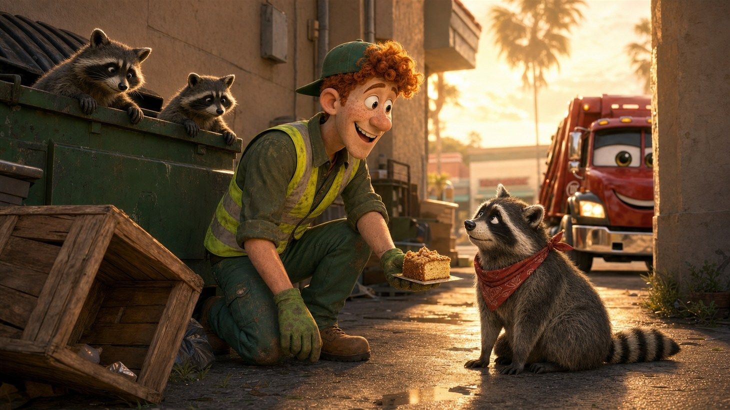 A slice of coffee cake set on a wooden crate at a respectful distance while Gerald the raccoon climbs down from the dumpster to accept the tribute