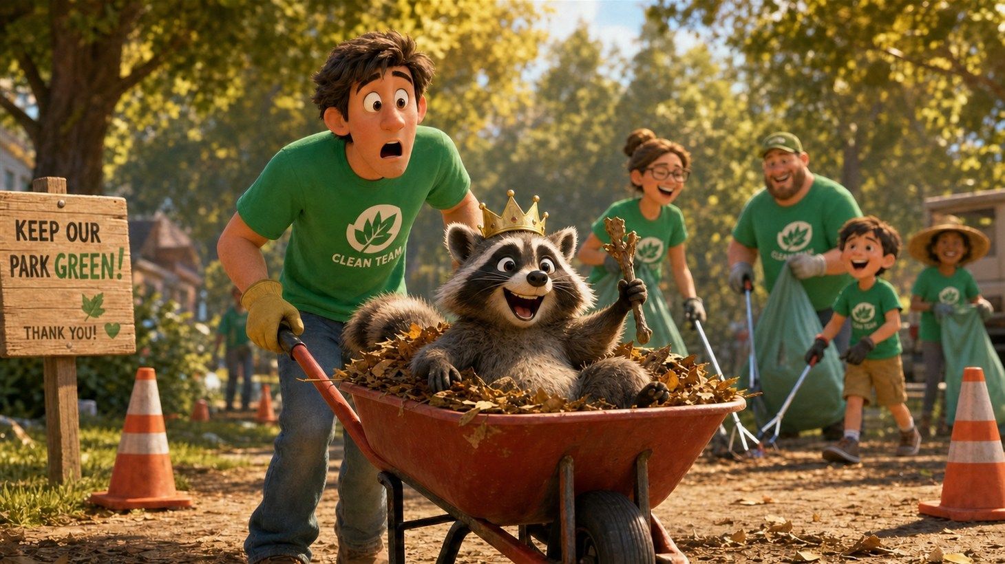 Steve the young raccoon climbing into a volunteer's wheelbarrow full of cleanup debris while a gloved volunteer gently redirects him