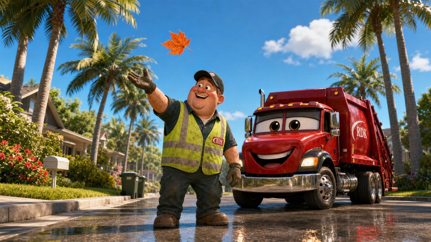 Gary standing in the middle of a sunlit Tampa street releasing a single artificial maple leaf into the air in front of Big Bertha, a red RDK rear loader, on a cloudless ninety-one-degree morning