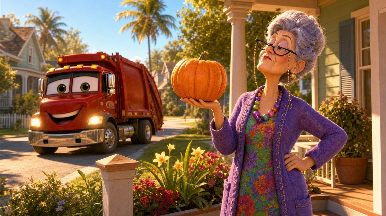 Mrs. Kravitz standing on her porch at stop thirty-one delivering a firm opinion to the RDK crew while an orange pumpkin sits watered and waiting on her porch step