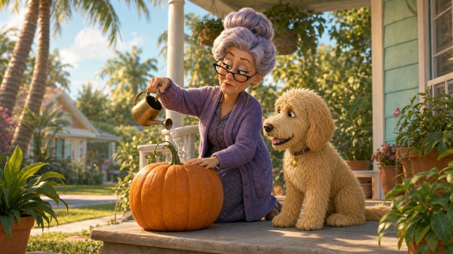 Mrs. Kravitz presenting a real orange pumpkin from her porch step to the RDK crew, gesturing with theatrical timing as Big Bertha idles at the curb