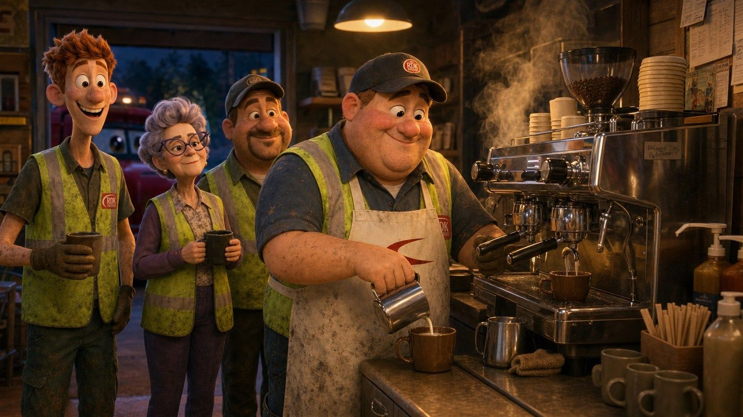 A line of RDK mechanics and dispatchers, mugs in hand, waiting inside the break room at 4:31 AM as Gary works the chrome espresso machine named Linda II under a warm overhead light