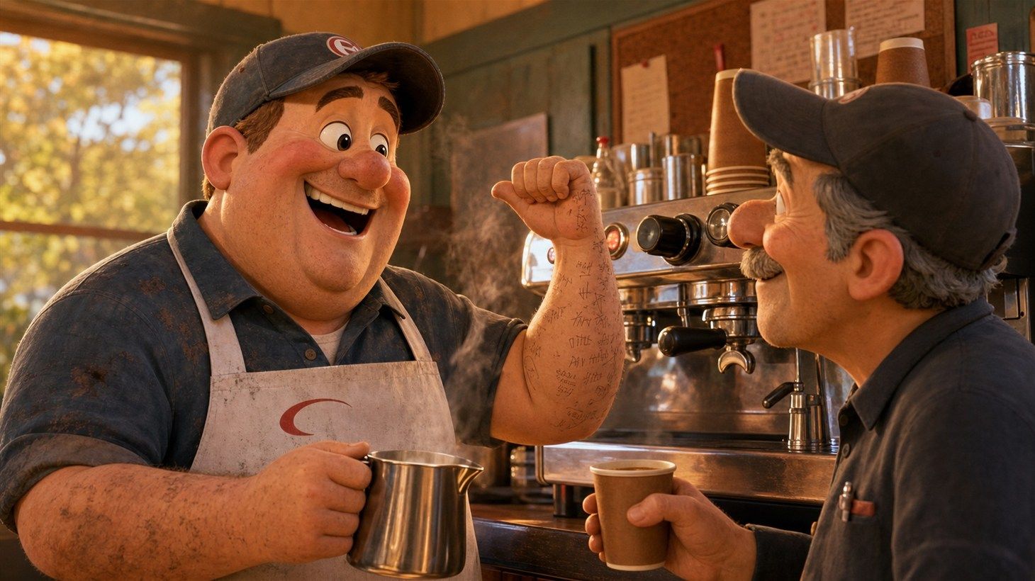 Gary in an apron printed with the RDK swoosh, holding up his forearm covered in handwritten coffee orders while an amused older coworker holds a paper cup at the espresso machine
