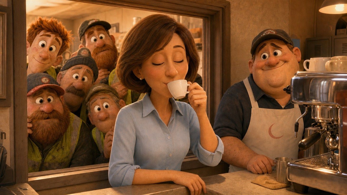 Linda sipping a small white cup of espresso at the break room pass-through window with her eyes closed, while a row of bearded yard employees quietly watch and Gary looks on hopefully
