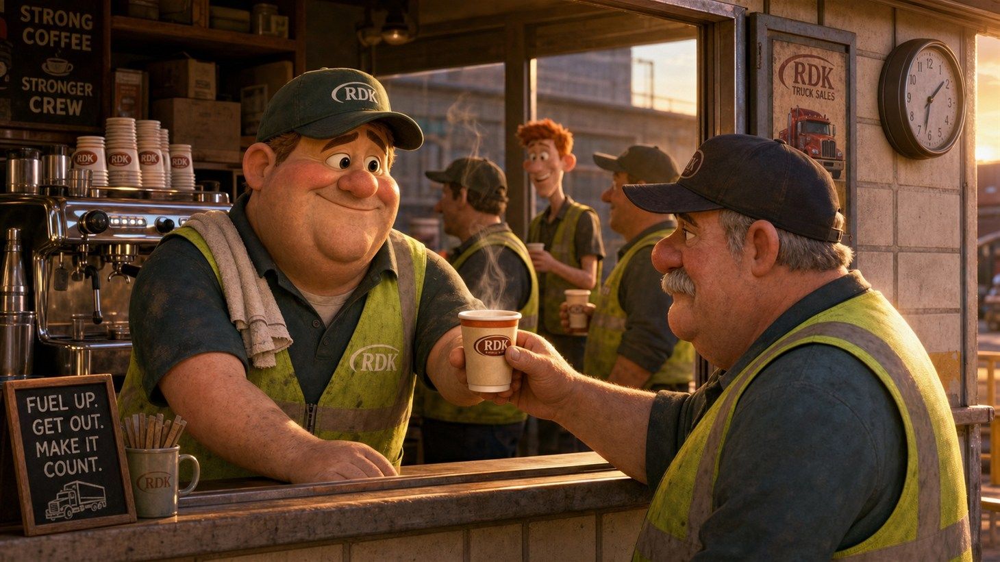 Gary handing a steaming paper cup marked for Ralph across the break room counter as Ralph gives an approving nod, with two more crew members waiting behind him
