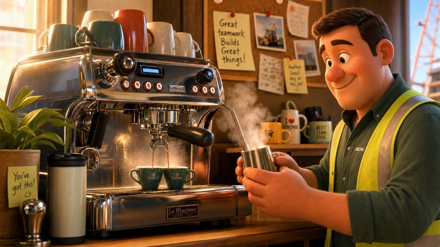 Close-up of the chrome espresso machine Linda II pulling two shots in green cups with steam rising, while a smiling RDK employee steams milk beside encouraging notes pinned to the break room board