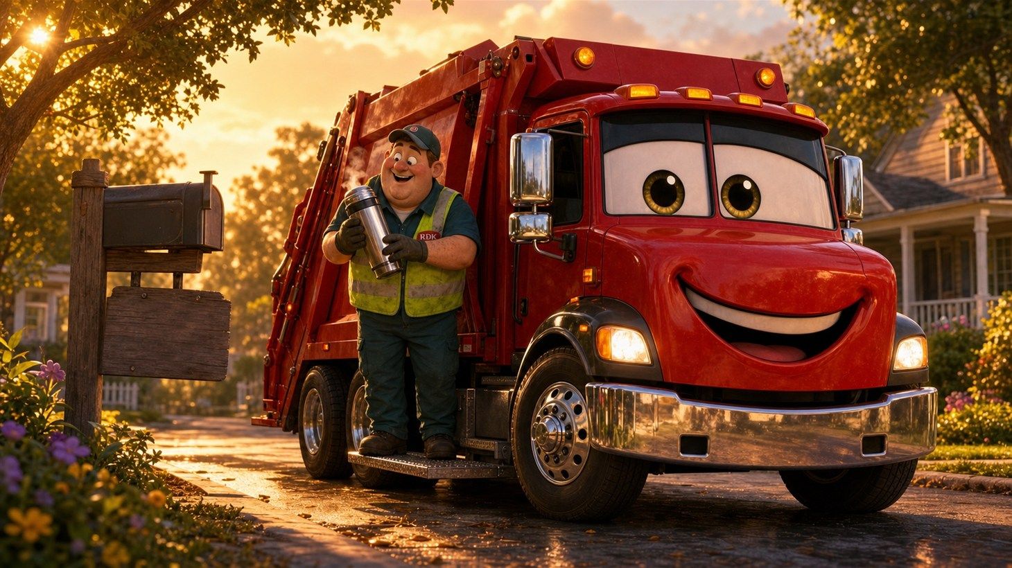 Gary in an RDK safety vest holding a steel thermos beside Big Bertha, a smiling red RDK rear loader, at golden-hour sunrise next to a mailbox with a blank sign post