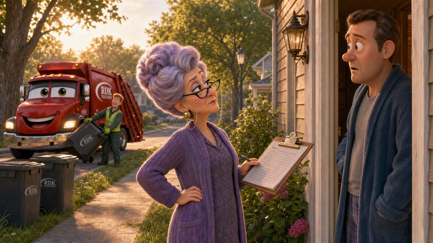 Mrs. Kravitz standing at a neighbor's front door at sunrise holding a clipboard sign-up sheet while a startled man in a bathrobe listens, an RDK rear loader working the street behind her
