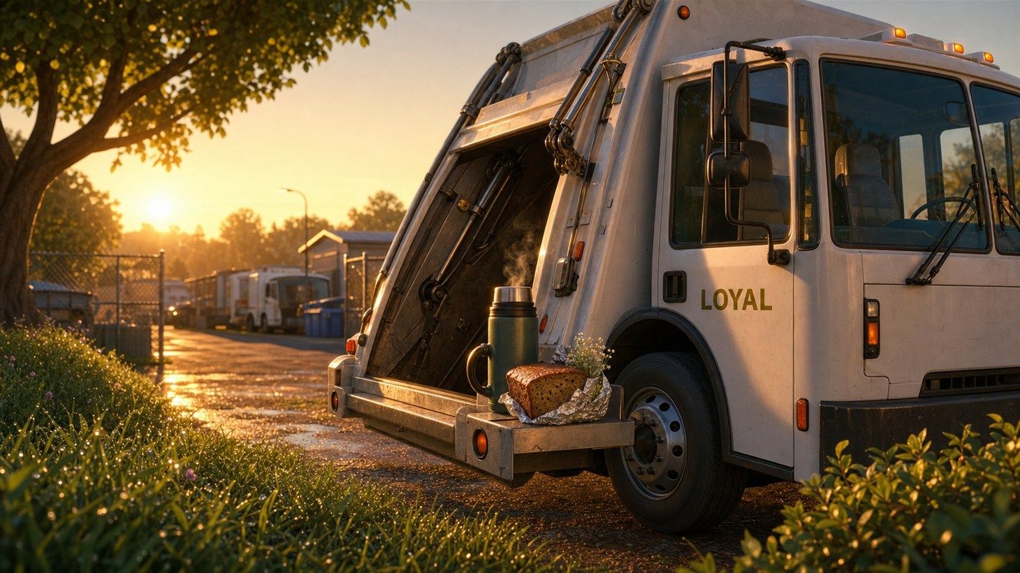 A steaming thermos, mug, and foil-wrapped loaf of banana bread left on the rear step of Loyal, a white RDK rear loader, at the transfer station at sunrise