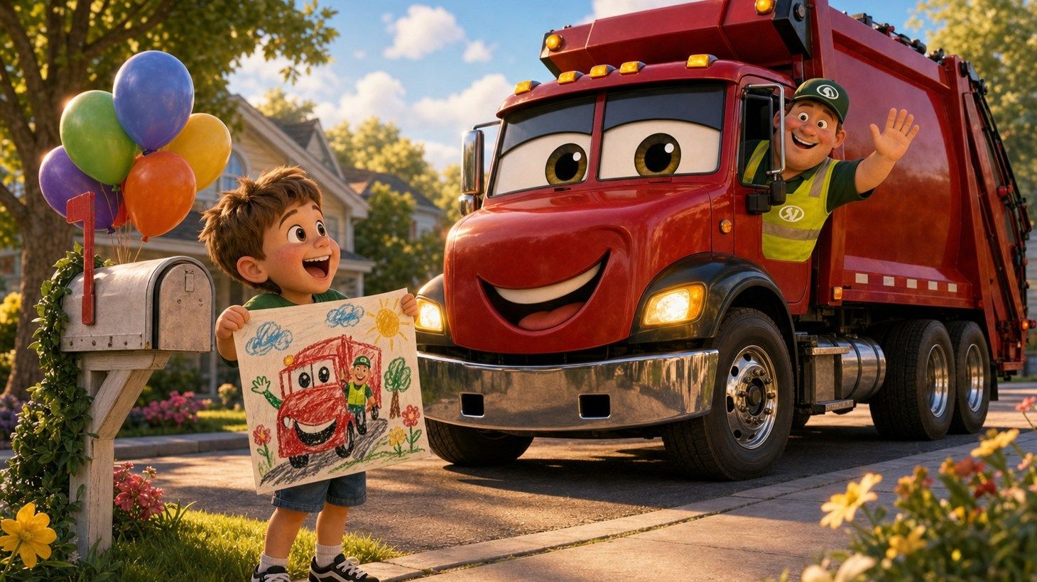 A young boy holding up a crayon drawing of a red garbage truck beside a mailbox with balloons while an RDK driver waves from the cab of Big Bertha