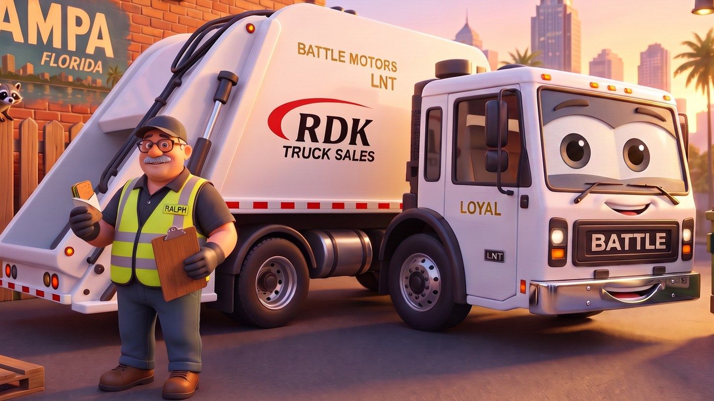 Ralph, a stocky repairman in a yellow safety vest, cap, and glasses, standing with his clipboard beside Loyal — a white Battle LNT rear-loading garbage truck with a friendly cartoon face — parked beside a brick building in Tampa at sunset