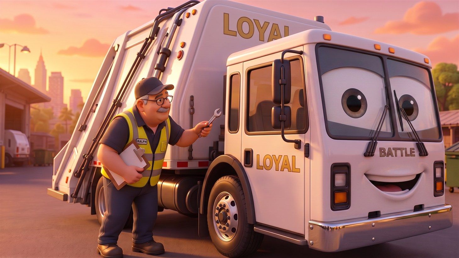 Ralph checking a fitting on Loyal with a small wrench during his pre-trip walk-around, clipboard tucked under his arm, city skyline glowing at sunset behind him
