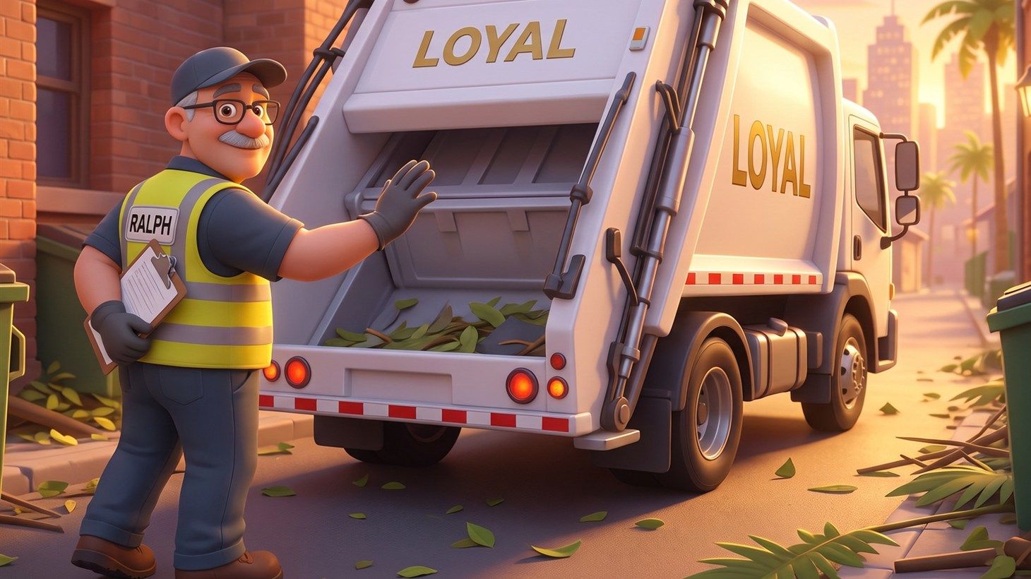 Ralph guiding Loyal's open hopper as it takes on storm debris — branches and leaves — in a tight brick alley behind a downtown building